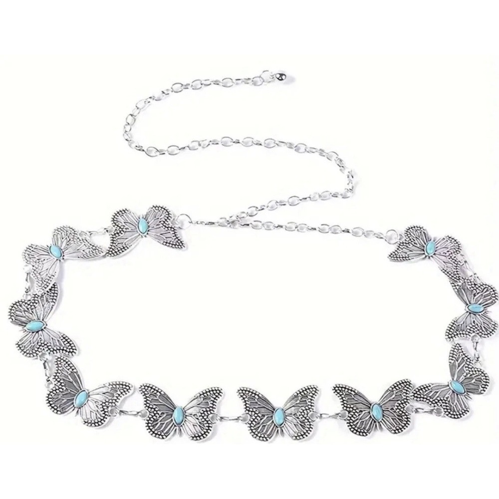 Butterfly Metal Waist Chain Belt Women Turquoise Adjustable Belt Y2K Cowgirl 39"